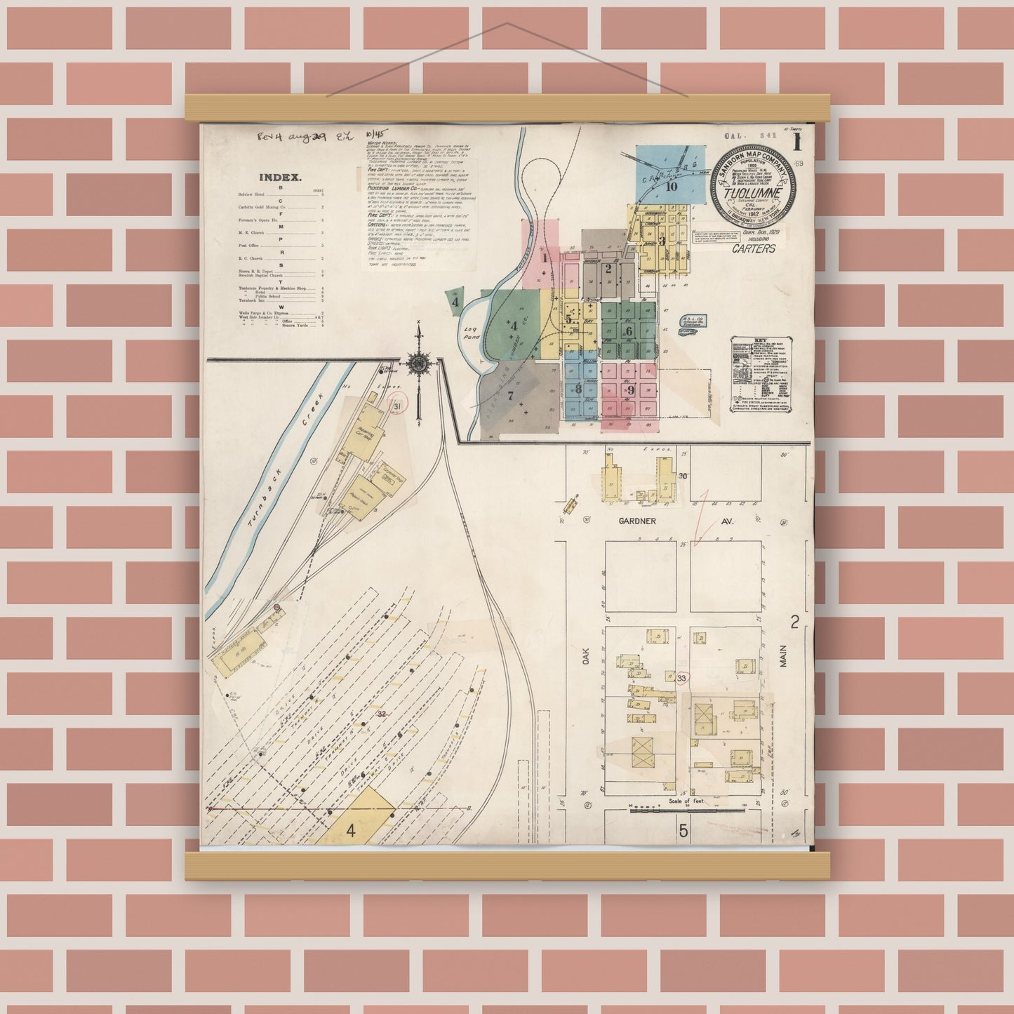 Old map wall art mockup — magnetic wood frame on brick wall — Sanborn Fire Insurance Map from Tuolumne, Tuolumne County, California (1929) - Complete Map Set