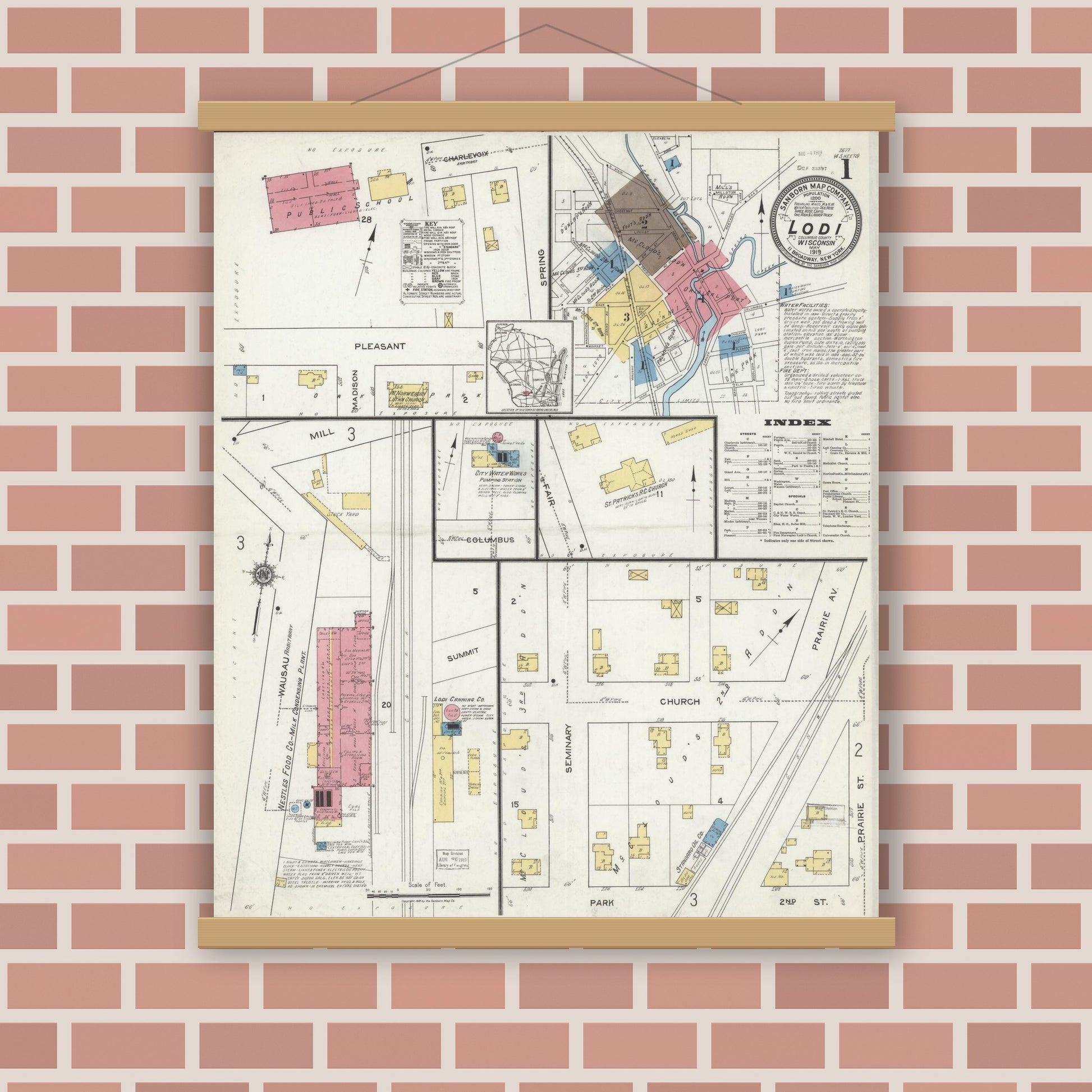 Old map wall art mockup — magnetic wood frame on brick wall — Sanborn Fire Insurance Map from Lodi, Columbia County, Wisconsin (1919) - Complete Map Set