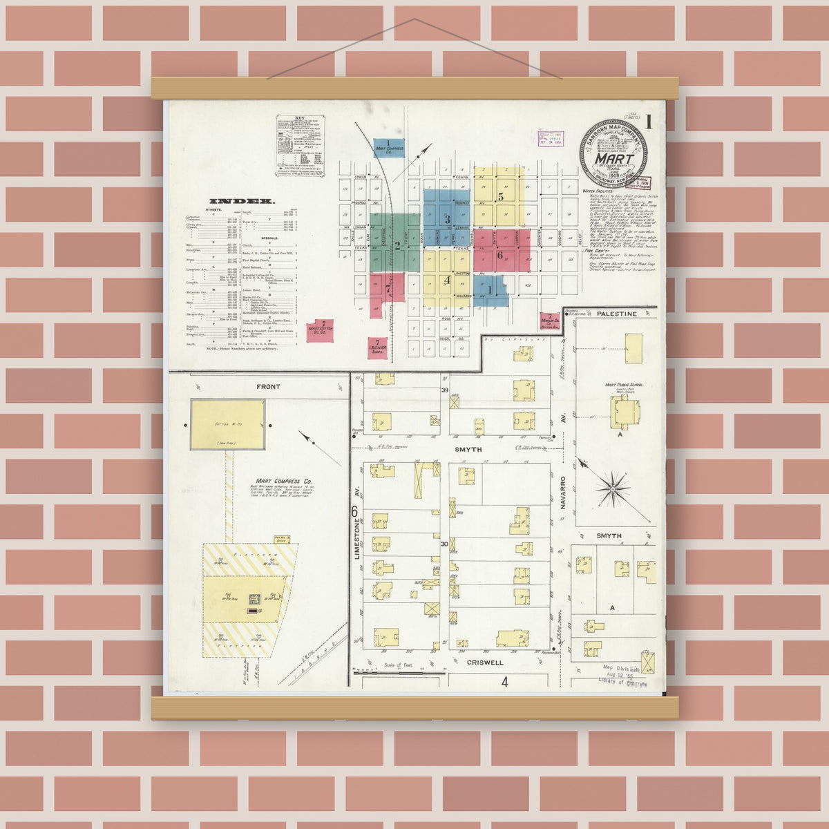 Old map wall art mockup — magnetic wood frame on brick wall — Sanborn Fire Insurance Map from Mart, McLennan County, Texas (1909) - Complete Map Set