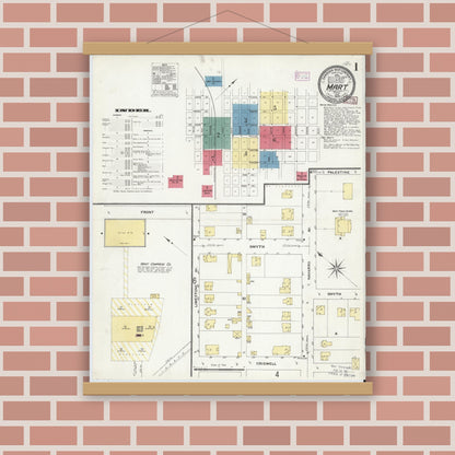 Old map wall art mockup — magnetic wood frame on brick wall — Sanborn Fire Insurance Map from Mart, McLennan County, Texas (1909) - Complete Map Set