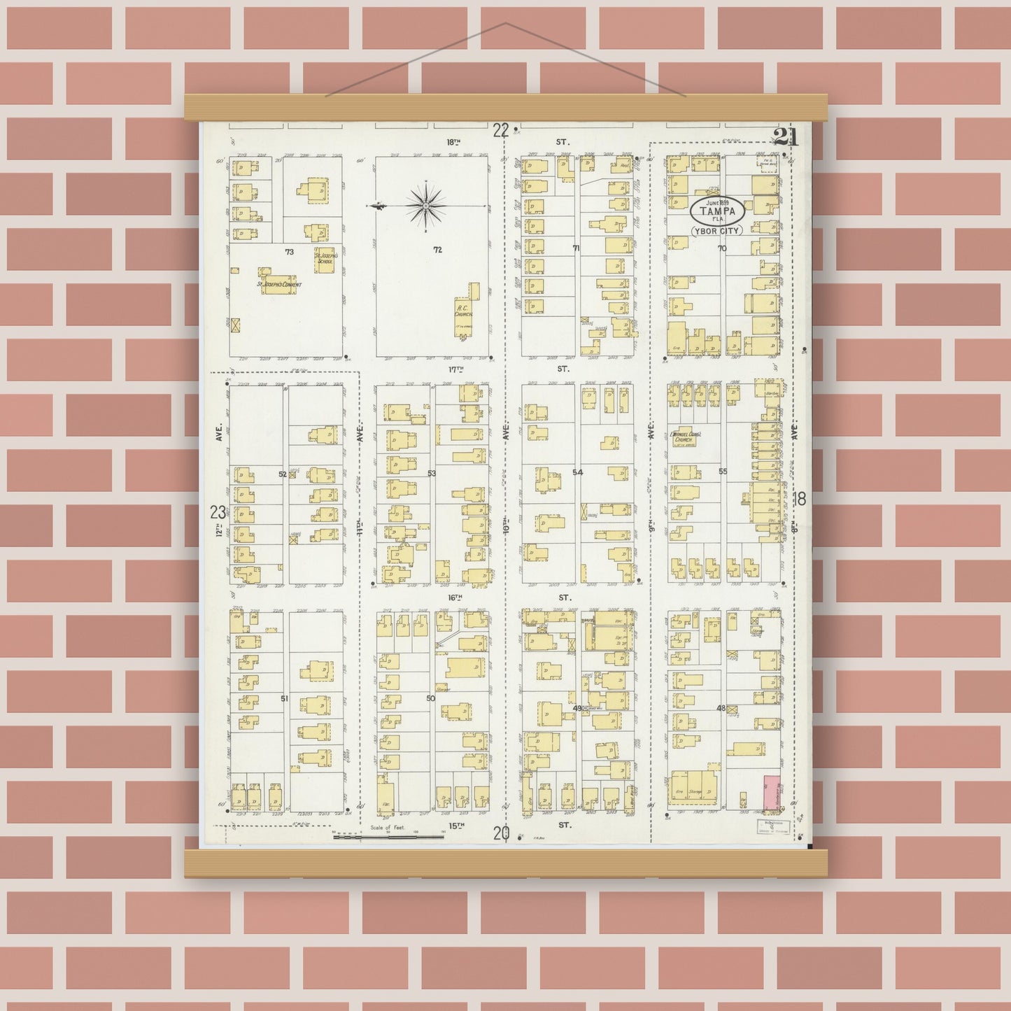 Old map wall art mockup — magnetic wood frame on brick wall — Sanborn Fire Insurance Map from Tampa, Hillsborough County, Florida (1899), Sheet #0021