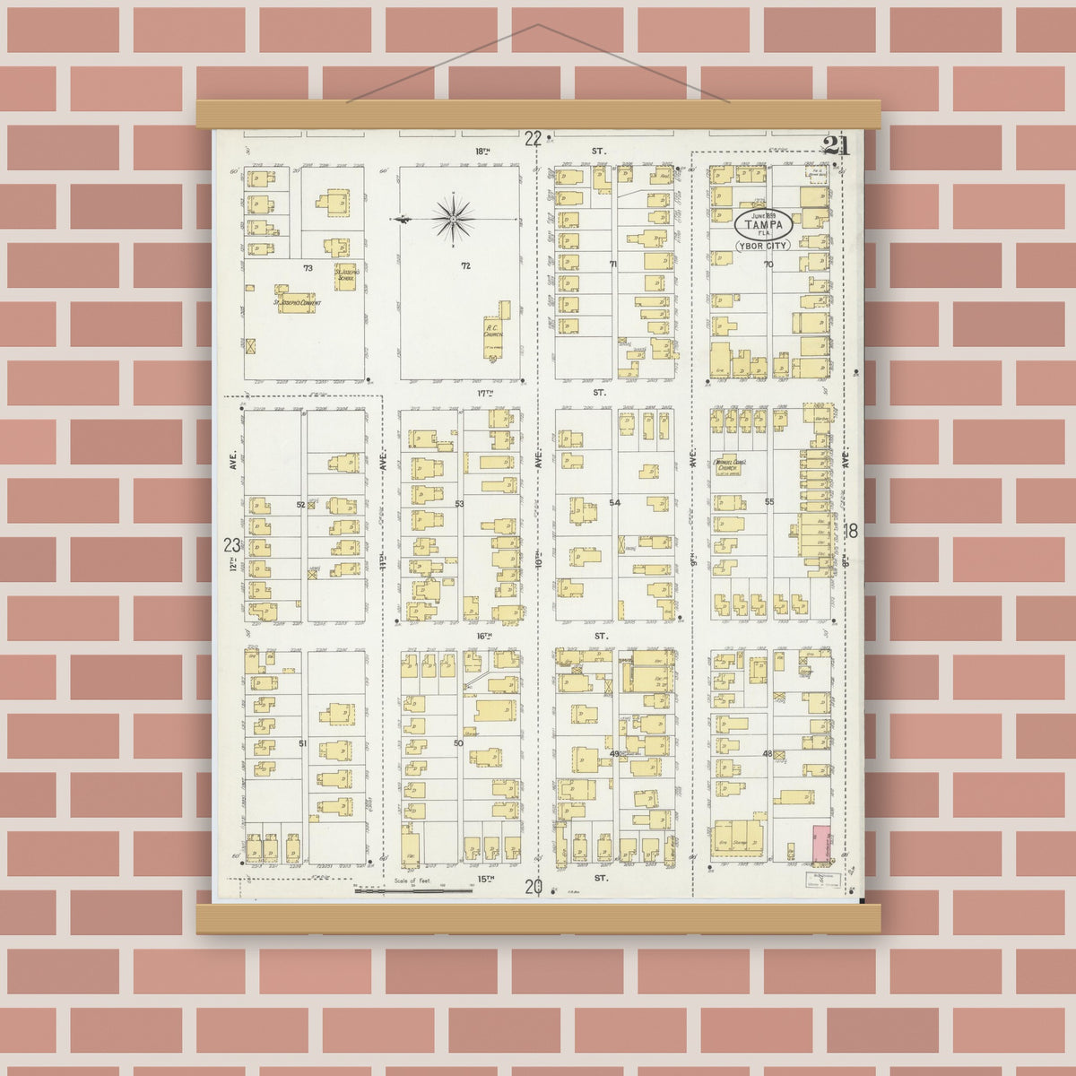 Old map wall art mockup — magnetic wood frame on brick wall — Sanborn Fire Insurance Map from Tampa, Hillsborough County, Florida (1899), Sheet #0021