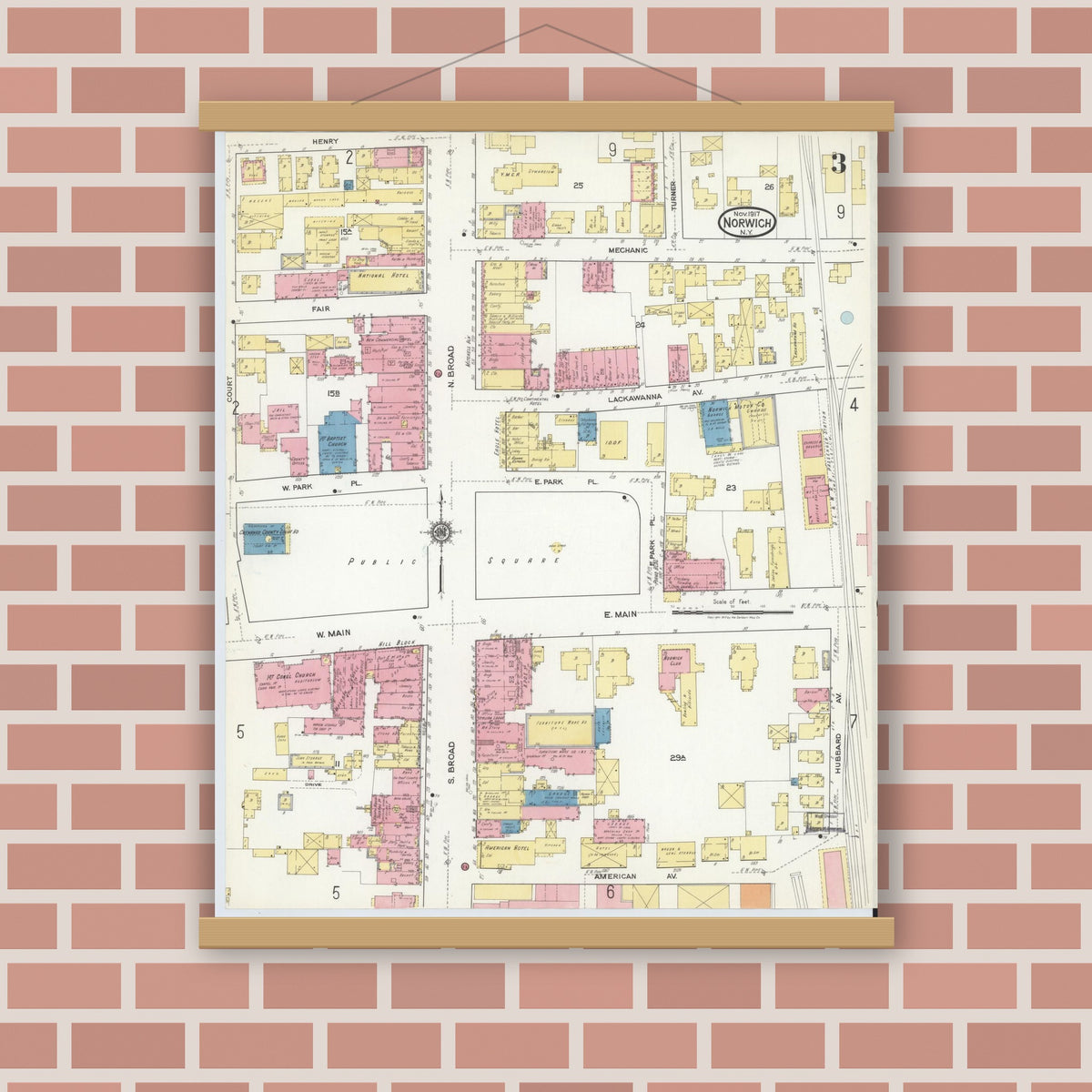 Old map wall art mockup — magnetic wood frame on brick wall — Sanborn Fire Insurance Map from Norwich, Chenango County, New York (1917), Sheet #0003