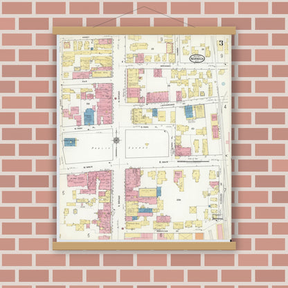 Old map wall art mockup — magnetic wood frame on brick wall — Sanborn Fire Insurance Map from Norwich, Chenango County, New York (1917), Sheet #0003