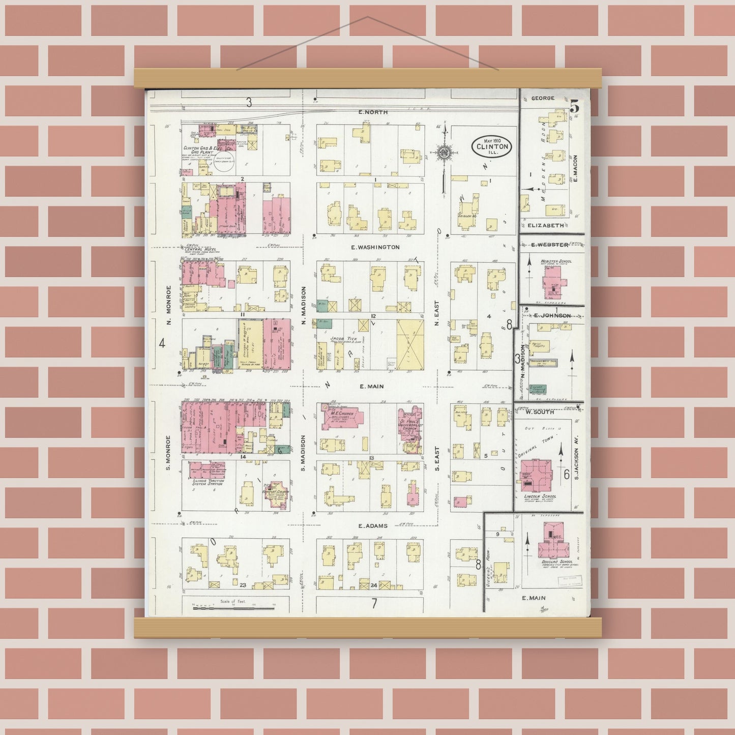 Old map wall art mockup — magnetic wood frame on brick wall — Sanborn Fire Insurance Map from Clinton, De Witt County, Illinois (1910), Sheet #0005