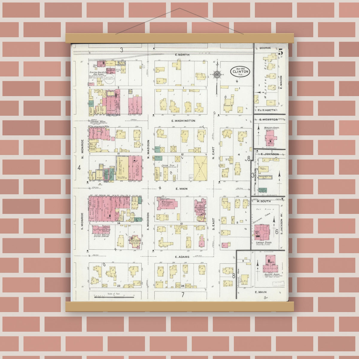 Old map wall art mockup — magnetic wood frame on brick wall — Sanborn Fire Insurance Map from Clinton, De Witt County, Illinois (1910), Sheet #0005
