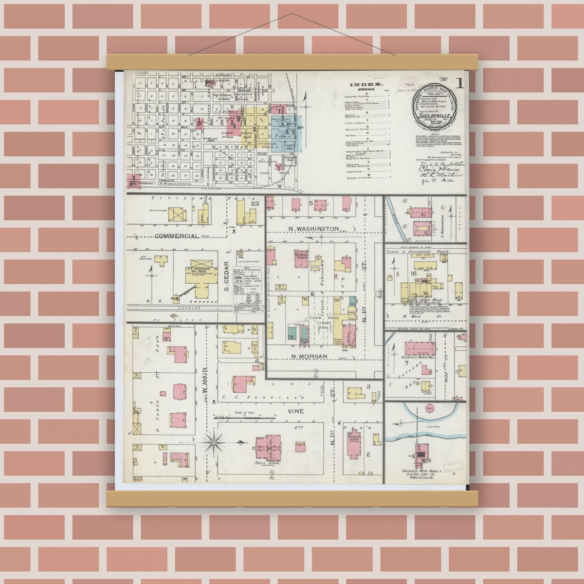 Old map wall art mockup — magnetic wood frame on brick wall — Sanborn Fire Insurance Map from Shelbyville, Shelby County, Illinois (1893) - Complete Map Set