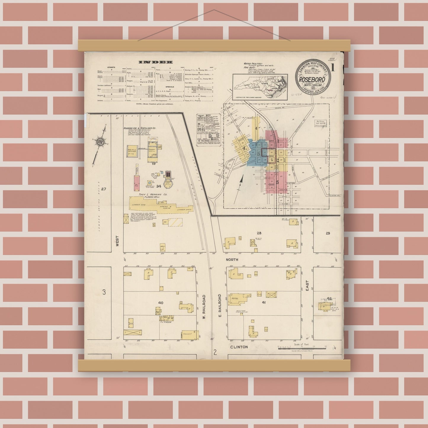 Old map wall art mockup — magnetic wood frame on brick wall — Sanborn Fire Insurance Map from Roseboro, Sampson County, North Carolina (1922) - Complete Map Set