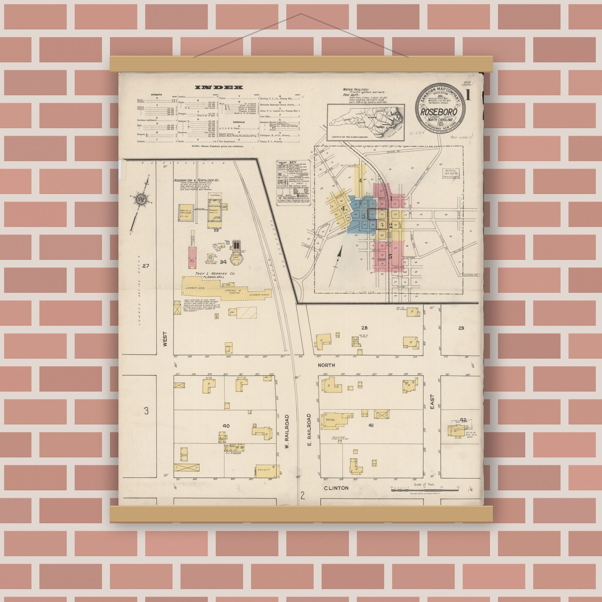 Old map wall art mockup — magnetic wood frame on brick wall — Sanborn Fire Insurance Map from Roseboro, Sampson County, North Carolina (1922) - Complete Map Set