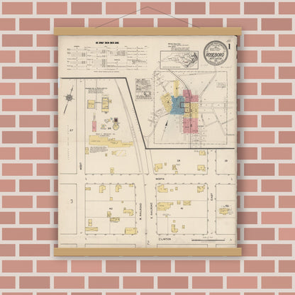 Old map wall art mockup — magnetic wood frame on brick wall — Sanborn Fire Insurance Map from Roseboro, Sampson County, North Carolina (1922) - Complete Map Set