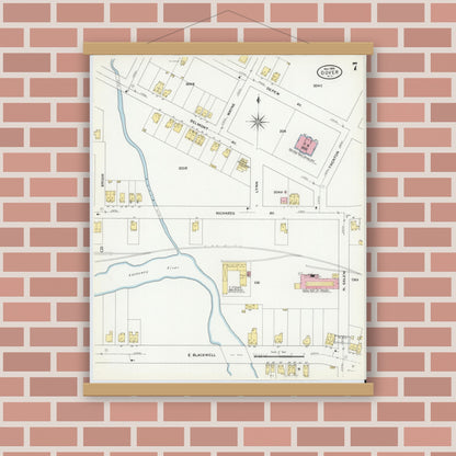 Old map wall art mockup — magnetic wood frame on brick wall — Sanborn Fire Insurance Map from Dover, Morris County, New Jersey (1909), Sheet #0007