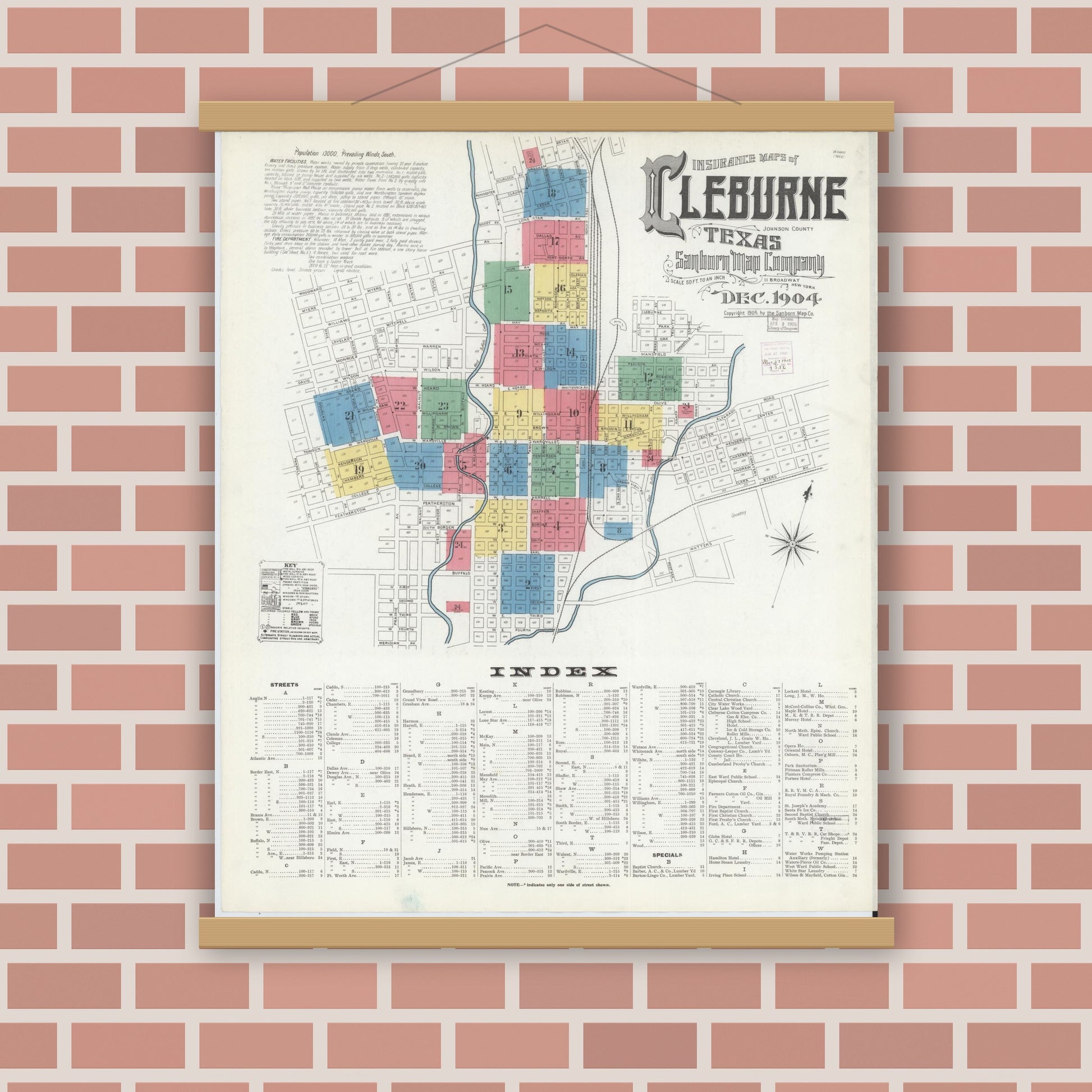 Old map wall art mockup — magnetic wood frame on brick wall — Sanborn Fire Insurance Map from Cleburne, Johnson County, Texas (1904), Sheet #0001