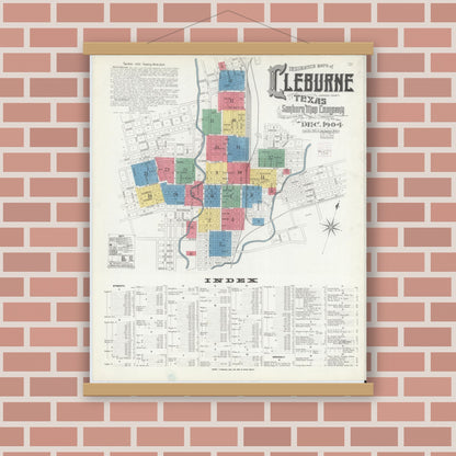 Old map wall art mockup — magnetic wood frame on brick wall — Sanborn Fire Insurance Map from Cleburne, Johnson County, Texas (1904), Sheet #0001