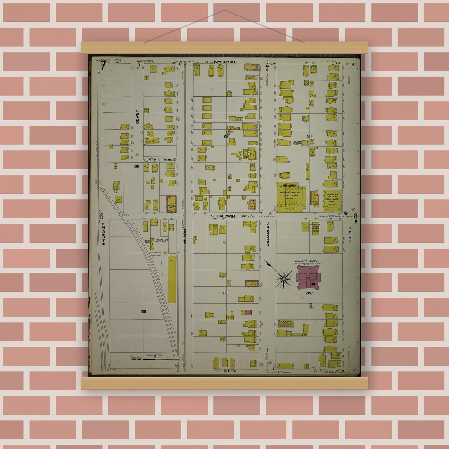 Old map wall art mockup — magnetic wood frame on brick wall — Sanborn Fire Insurance Map from Madison, Dane County, Wisconsin (1908), Sheet #0007