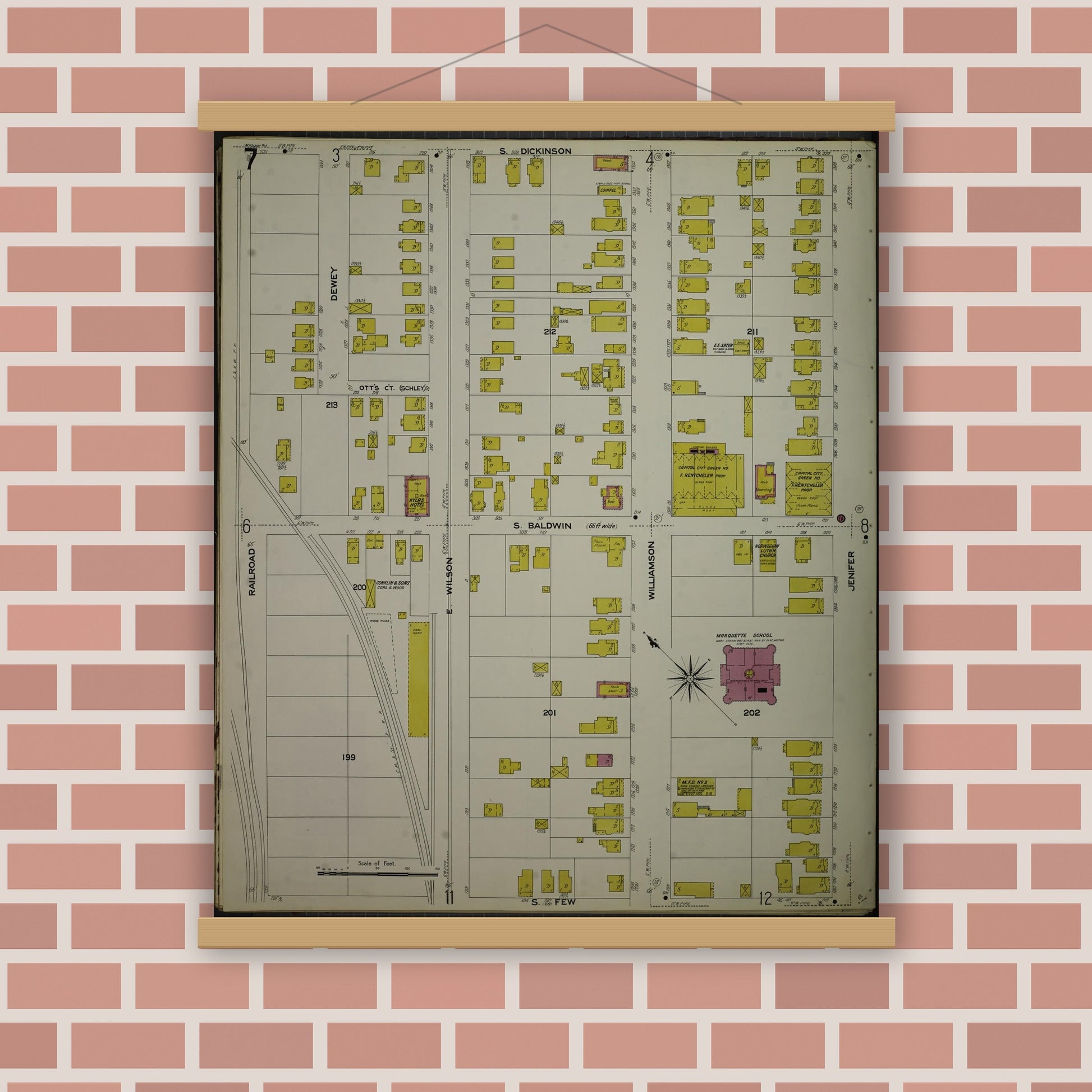 Old map wall art mockup — magnetic wood frame on brick wall — Sanborn Fire Insurance Map from Madison, Dane County, Wisconsin (1908), Sheet #0007