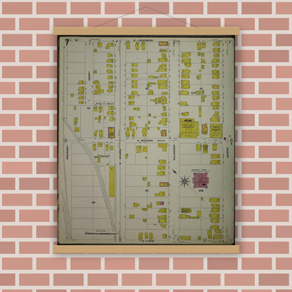 Old map wall art mockup — magnetic wood frame on brick wall — Sanborn Fire Insurance Map from Madison, Dane County, Wisconsin (1908), Sheet #0007
