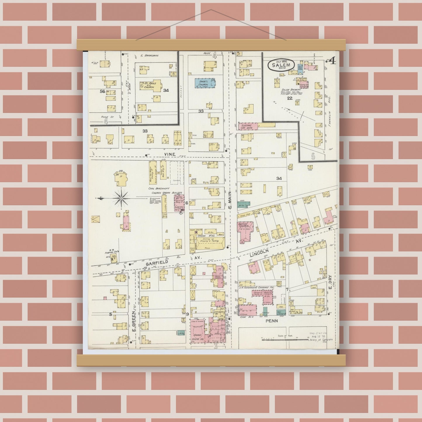 Old map wall art mockup — magnetic wood frame on brick wall — Sanborn Fire Insurance Map from Salem, Columbiana County, Ohio (1892), Sheet #0004
