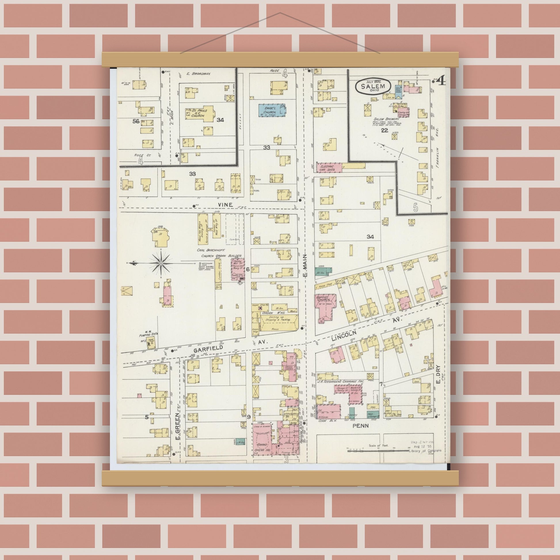 Old map wall art mockup — magnetic wood frame on brick wall — Sanborn Fire Insurance Map from Salem, Columbiana County, Ohio (1892), Sheet #0004