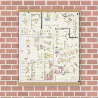 Old map wall art mockup — magnetic wood frame on brick wall — Sanborn Fire Insurance Map from Salem, Columbiana County, Ohio (1892), Sheet #0004