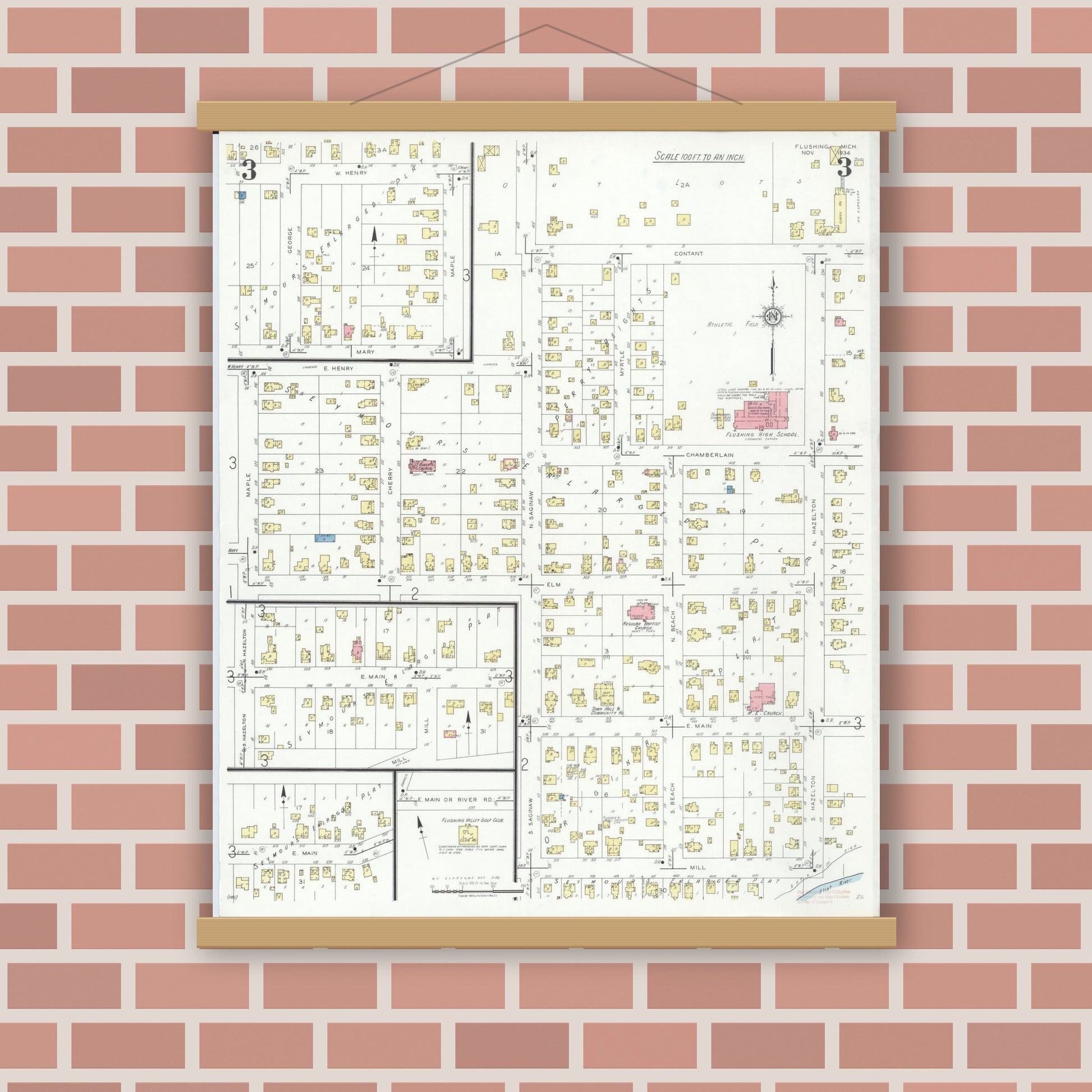 Old map wall art mockup — magnetic wood frame on brick wall — Sanborn Fire Insurance Map from Flushing, Genesee County, Michigan (1934), Sheet #0003