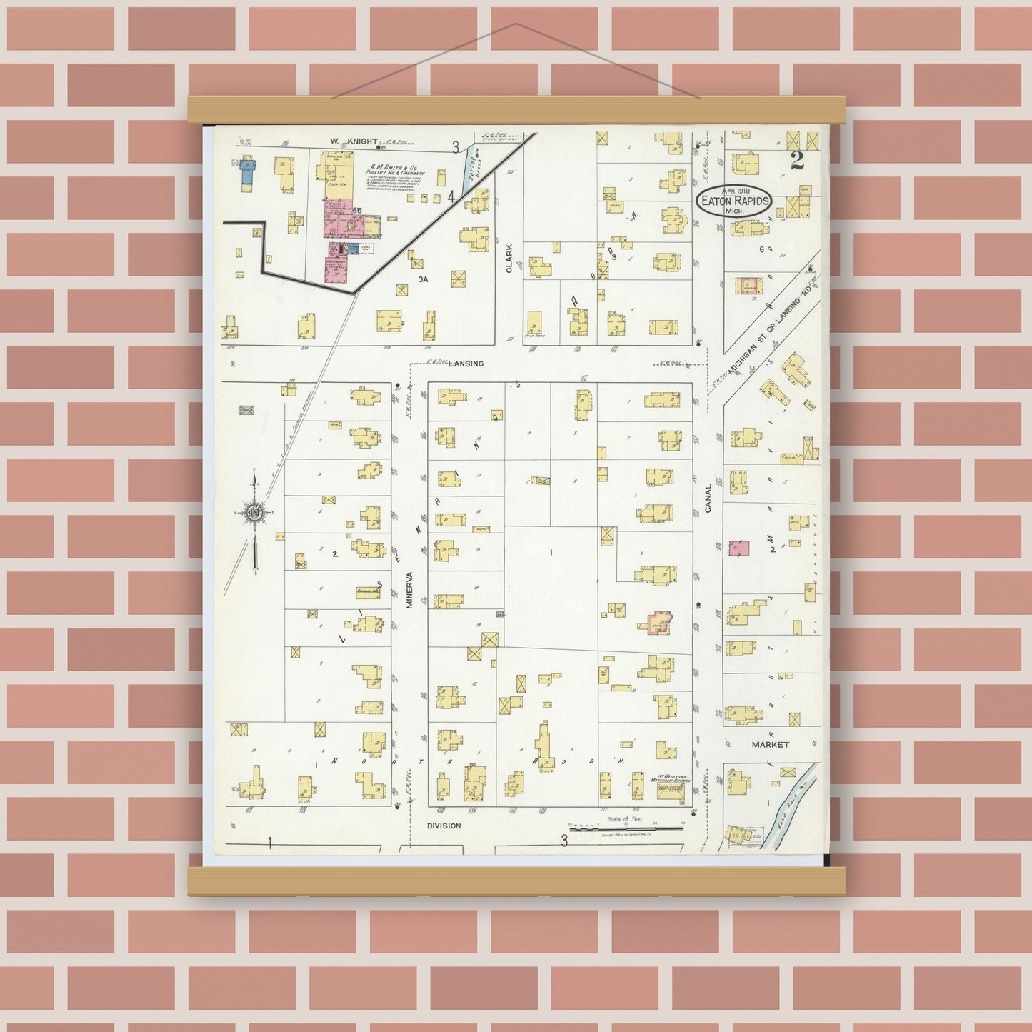 Old map wall art mockup — magnetic wood frame on brick wall — Sanborn Fire Insurance Map from Eaton Rapids, Eaton County, Michigan (1918), Sheet #0002
