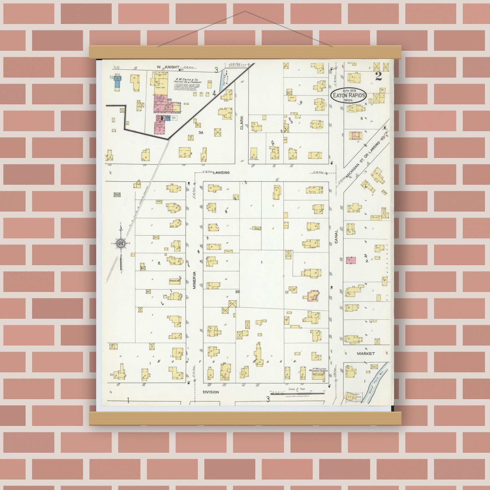 Old map wall art mockup — magnetic wood frame on brick wall — Sanborn Fire Insurance Map from Eaton Rapids, Eaton County, Michigan (1918), Sheet #0002