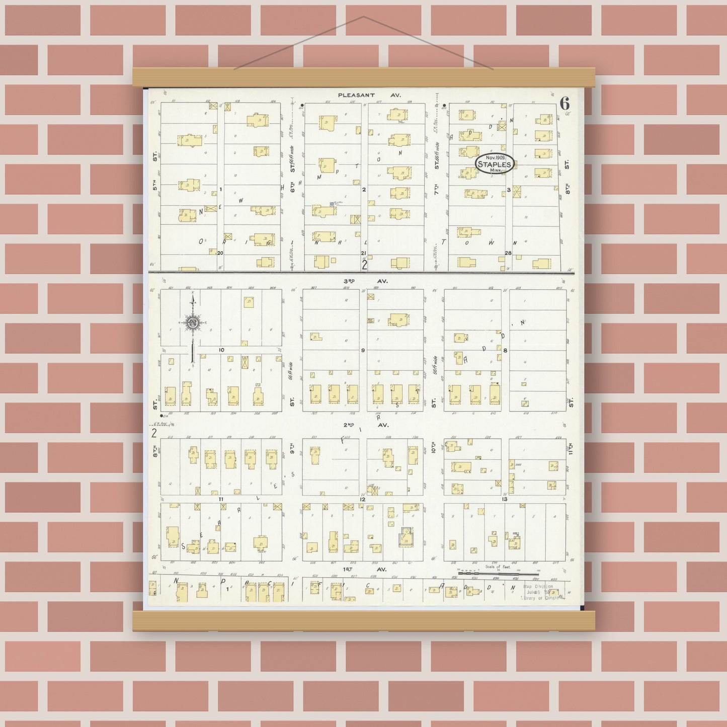 Old map wall art mockup — magnetic wood frame on brick wall — Sanborn Fire Insurance Map from Staples, Todd County, Minnesota (1909), Sheet #0006
