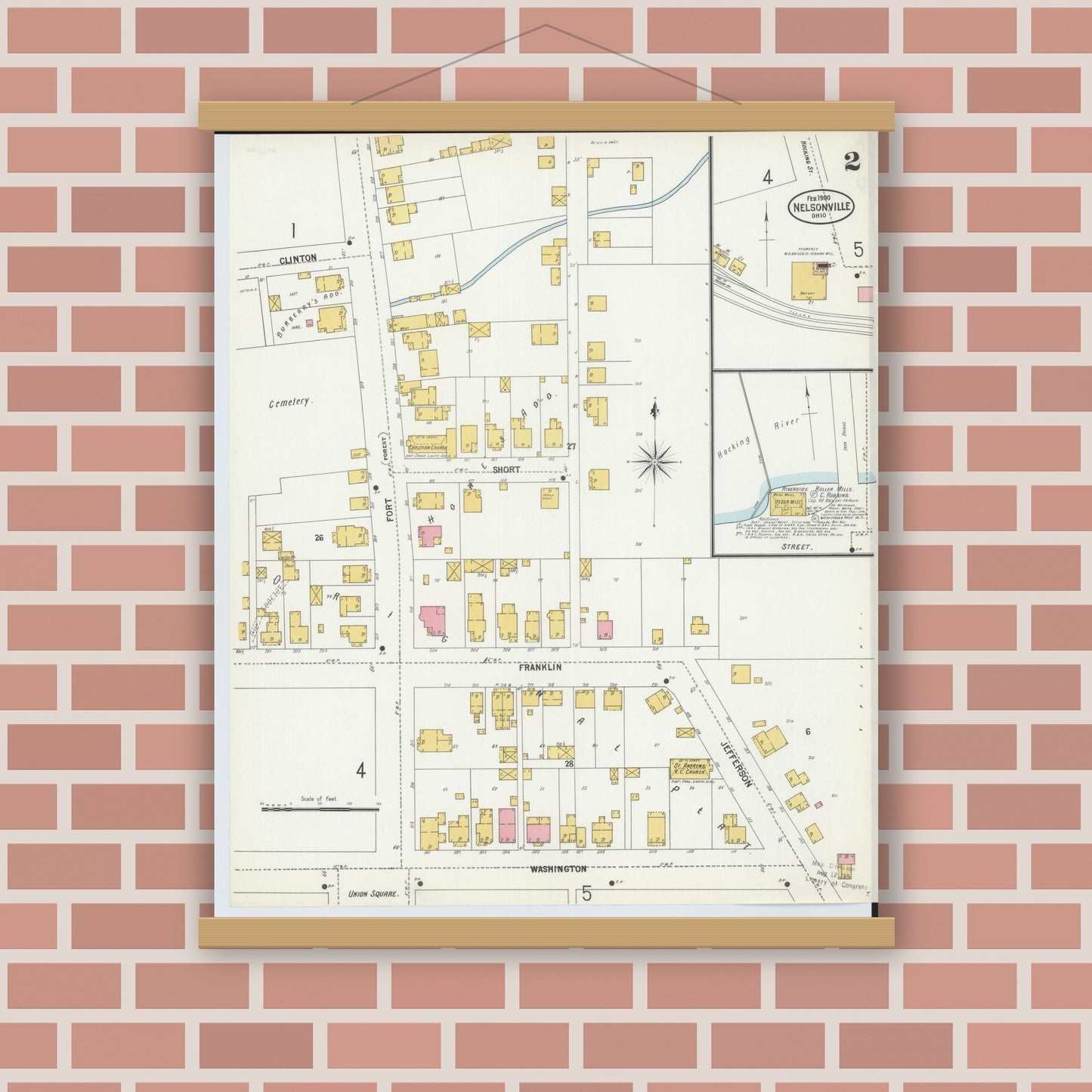 Old map wall art mockup — magnetic wood frame on brick wall — Sanborn Fire Insurance Map from Nelsonville, Athens County, Ohio (1900), Sheet #0002