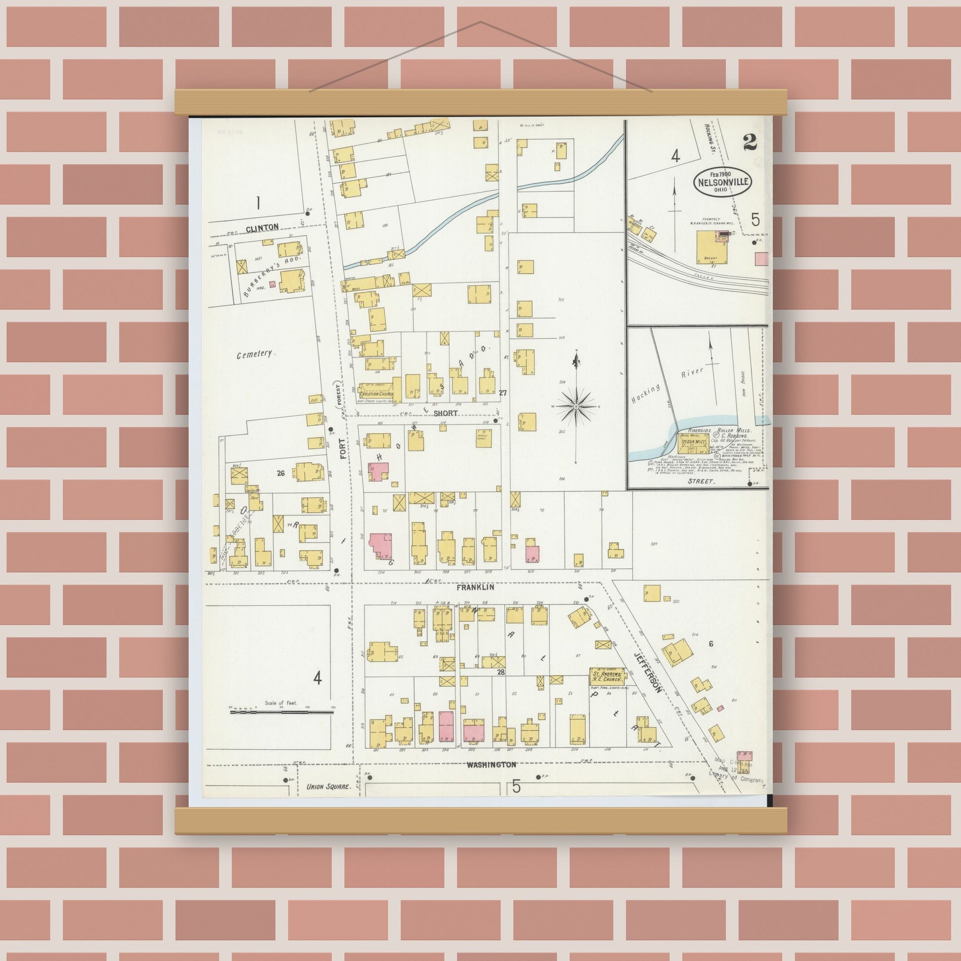 Old map wall art mockup — magnetic wood frame on brick wall — Sanborn Fire Insurance Map from Nelsonville, Athens County, Ohio (1900), Sheet #0002