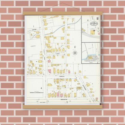 Old map wall art mockup — magnetic wood frame on brick wall — Sanborn Fire Insurance Map from Nelsonville, Athens County, Ohio (1900), Sheet #0002
