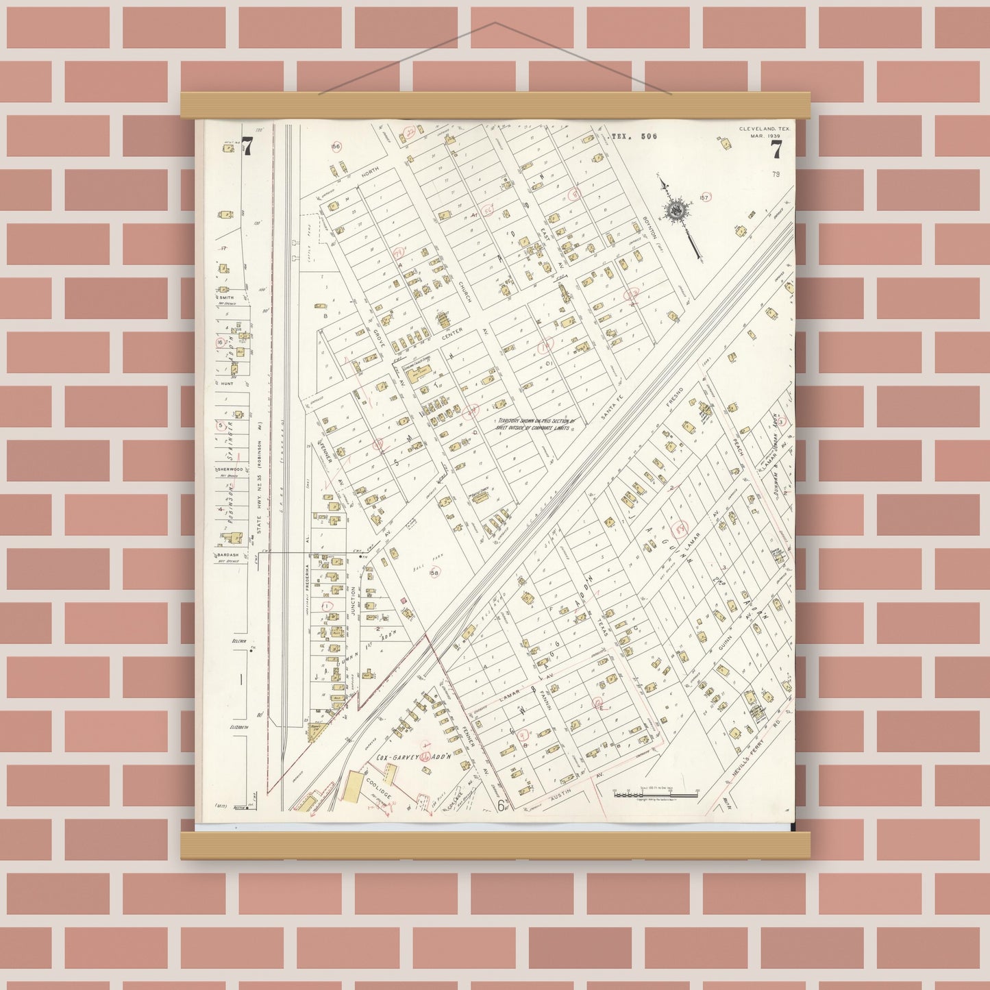 Old map wall art mockup — magnetic wood frame on brick wall — Sanborn Fire Insurance Map from Cleveland, Liberty County, Texas (1939), Sheet #0007