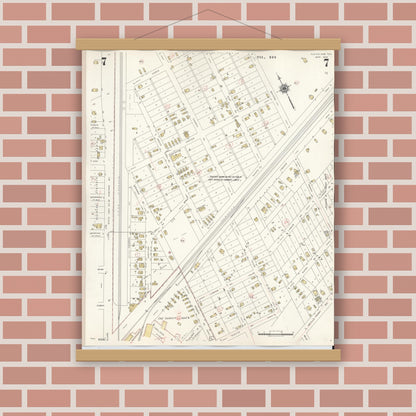 Old map wall art mockup — magnetic wood frame on brick wall — Sanborn Fire Insurance Map from Cleveland, Liberty County, Texas (1939), Sheet #0007