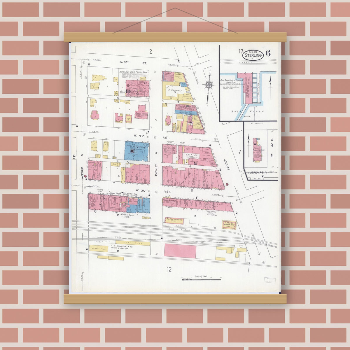 Old map wall art mockup — magnetic wood frame on brick wall — Sanborn Fire Insurance Map from Sterling, Whiteside County, Illinois (1916), Sheet #0006