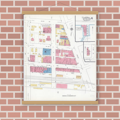 Old map wall art mockup — magnetic wood frame on brick wall — Sanborn Fire Insurance Map from Sterling, Whiteside County, Illinois (1916), Sheet #0006