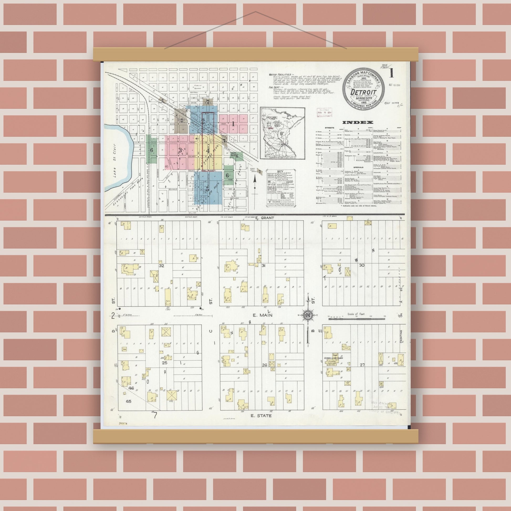 Old map wall art mockup — magnetic wood frame on brick wall — Sanborn Fire Insurance Map from Detroit Lakes, Becker County, Minnesota (1914), Sheet #0001