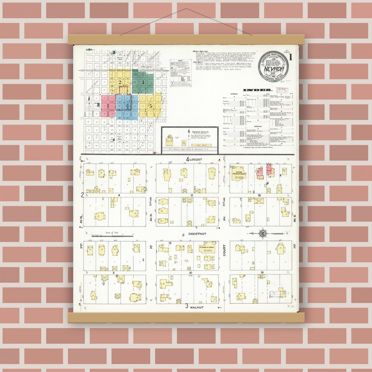 Old map wall art mockup — magnetic wood frame on brick wall — Sanborn Fire Insurance Map from Nevada, Story County, Iowa (1910) â€” Complete Set