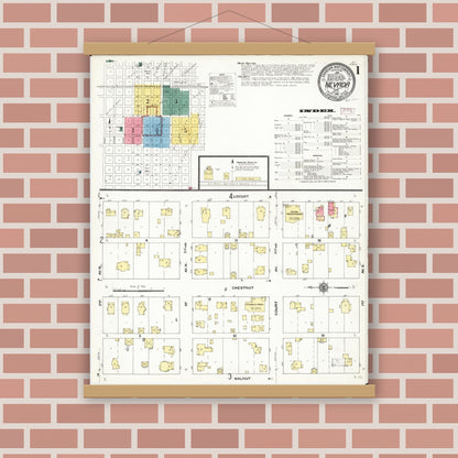 Old map wall art mockup — magnetic wood frame on brick wall — Sanborn Fire Insurance Map from Nevada, Story County, Iowa (1910) â€” Complete Set