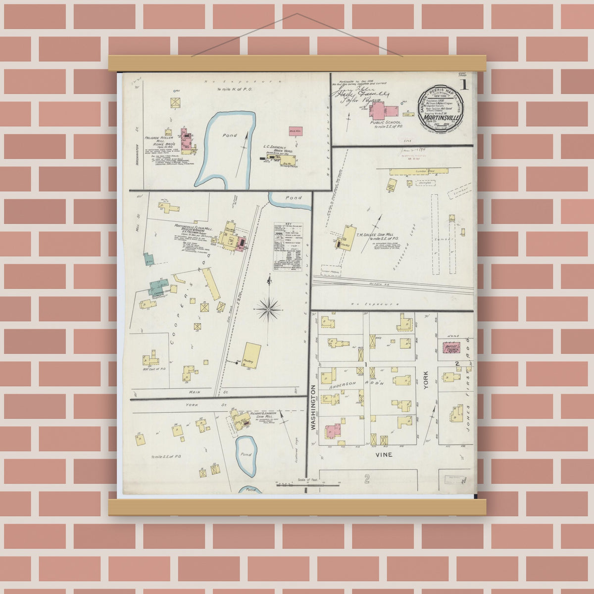 Old map wall art mockup — magnetic wood frame on brick wall — Sanborn Fire Insurance Map from Martinsville, Clark County, Illinois (1893), Sheet #0001