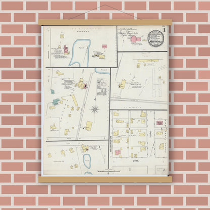 Old map wall art mockup — magnetic wood frame on brick wall — Sanborn Fire Insurance Map from Martinsville, Clark County, Illinois (1893), Sheet #0001