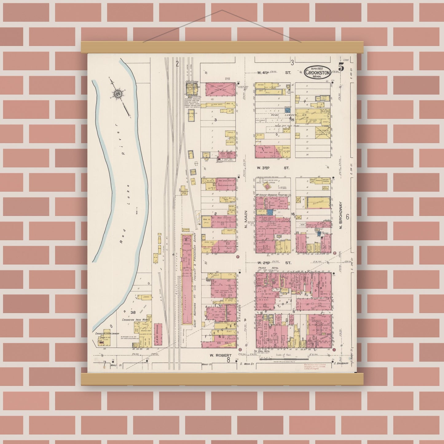 Old map wall art mockup — magnetic wood frame on brick wall — Sanborn Fire Insurance Map from Crookston, Polk County, Minnesota (1922), Sheet #0005