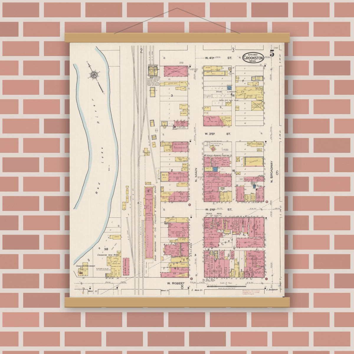 Old map wall art mockup — magnetic wood frame on brick wall — Sanborn Fire Insurance Map from Crookston, Polk County, Minnesota (1922), Sheet #0005