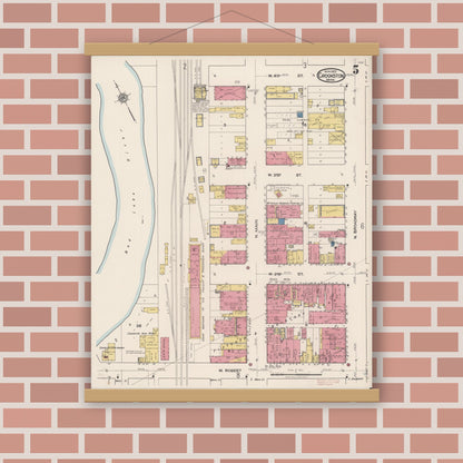 Old map wall art mockup — magnetic wood frame on brick wall — Sanborn Fire Insurance Map from Crookston, Polk County, Minnesota (1922), Sheet #0005