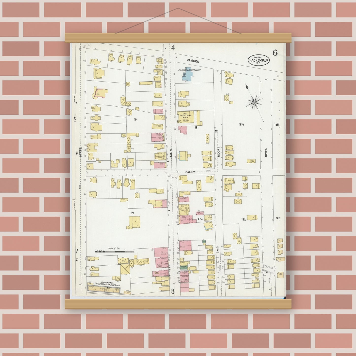 Old map wall art mockup — magnetic wood frame on brick wall — Sanborn Fire Insurance Map from Hackensack, Bergen County, New Jersey (1902), Sheet #0006
