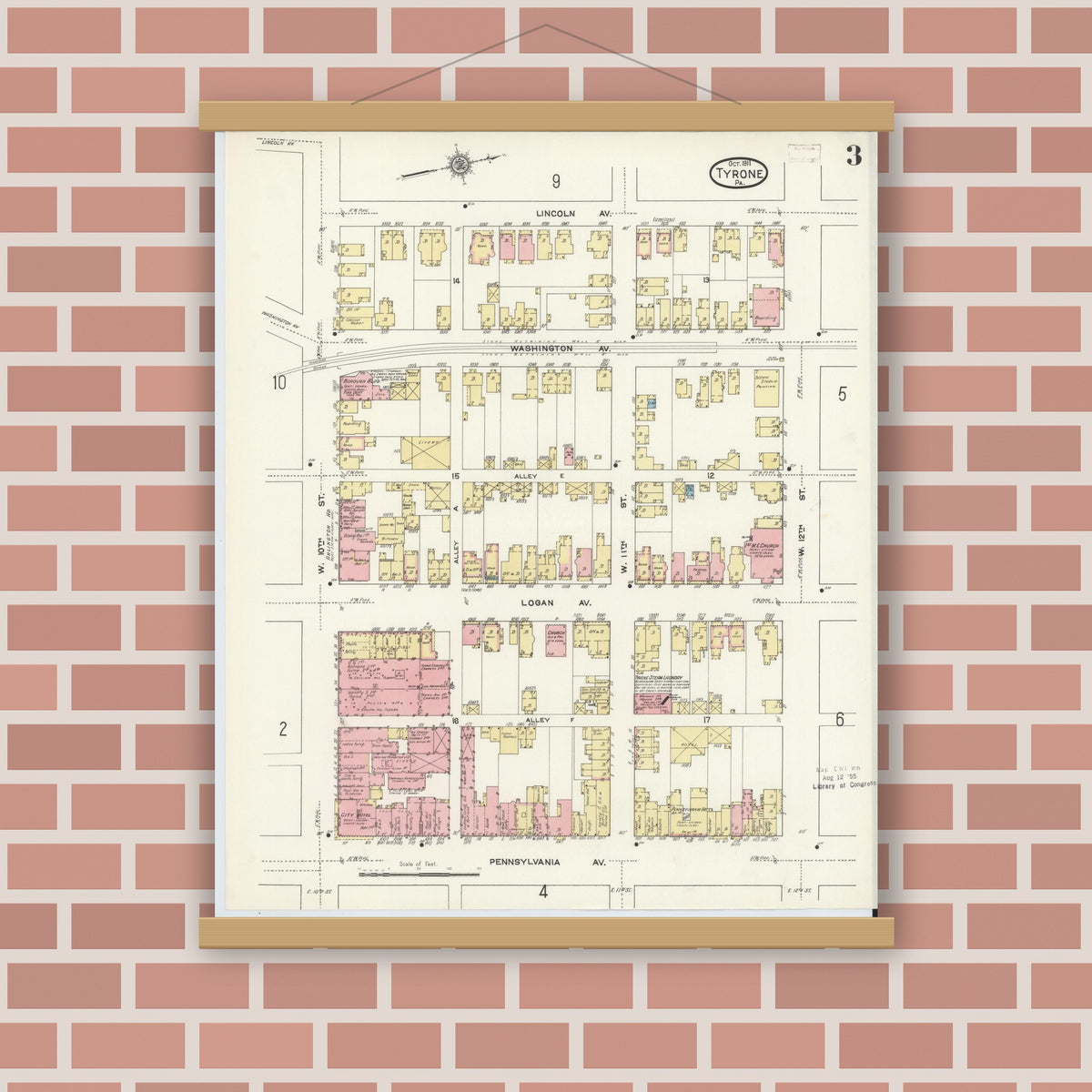 Old map wall art mockup — magnetic wood frame on brick wall — Sanborn Fire Insurance Map from Tyrone, Blair County, Pennsylvania (1911), Sheet #0003