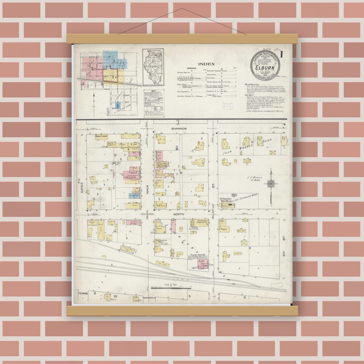 Old map wall art mockup — magnetic wood frame on brick wall — Sanborn Fire Insurance Map from Elburn, Kane County, Illinois (1914), Sheet #0001