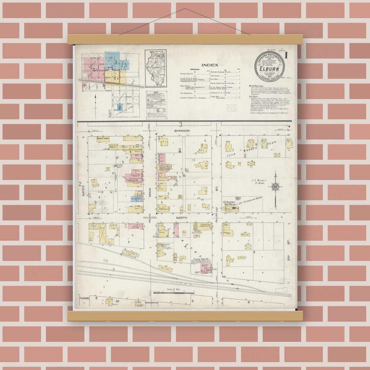 Old map wall art mockup — magnetic wood frame on brick wall — Sanborn Fire Insurance Map from Elburn, Kane County, Illinois (1914), Sheet #0001
