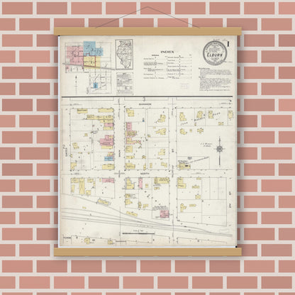 Old map wall art mockup — magnetic wood frame on brick wall — Sanborn Fire Insurance Map from Elburn, Kane County, Illinois (1914), Sheet #0001