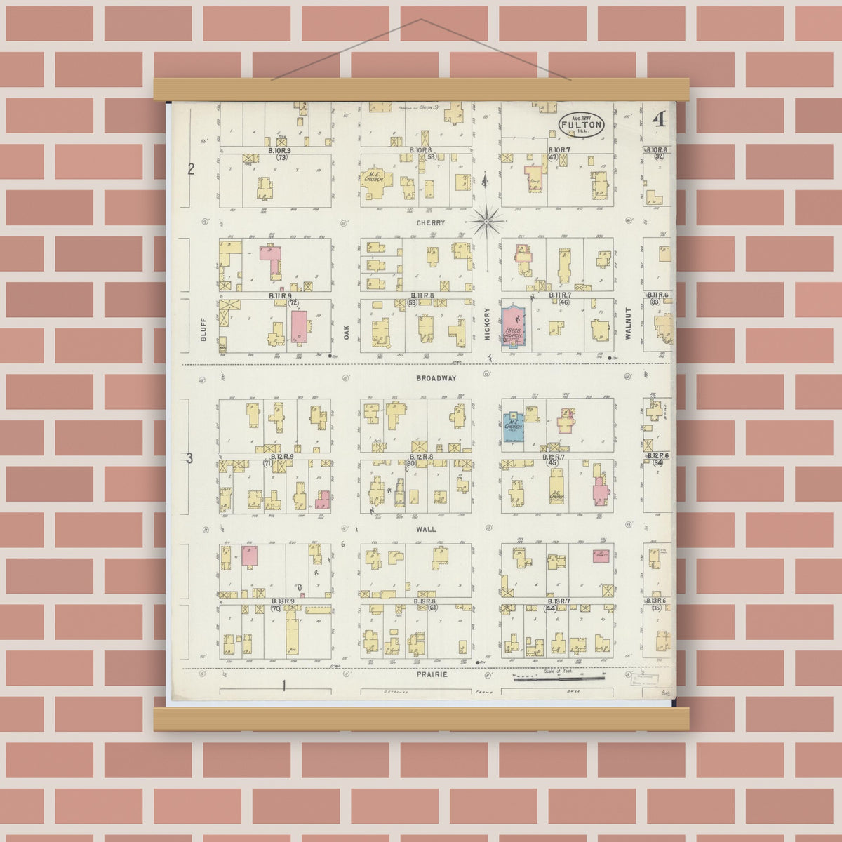 Old map wall art mockup — magnetic wood frame on brick wall — Sanborn Fire Insurance Map from Fulton, Whiteside County, Illinois (1897), Sheet #0004