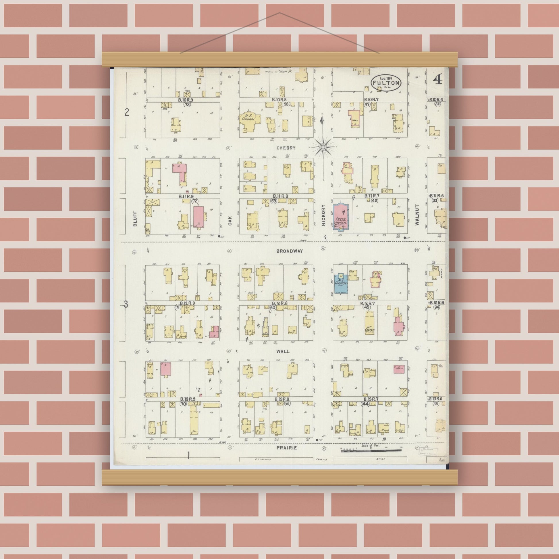 Old map wall art mockup — magnetic wood frame on brick wall — Sanborn Fire Insurance Map from Fulton, Whiteside County, Illinois (1897), Sheet #0004