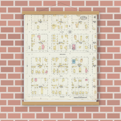 Old map wall art mockup — magnetic wood frame on brick wall — Sanborn Fire Insurance Map from Fulton, Whiteside County, Illinois (1897), Sheet #0004